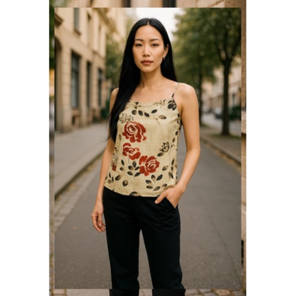 Vtg Tommy Bahama Womens Linen Silk Top Asian Floral Artsy Size 10 Sleeveless